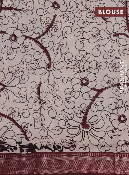 Kalamkari semi silk saree light green and wine shade with allover prints and mangalgiri border
