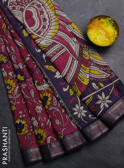 Kalamkari semi silk saree magenta pink and deep violet with allover prints and mangalgiri border
