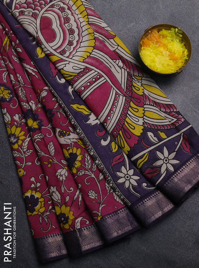 Kalamkari semi silk saree magenta pink and deep violet with allover prints and mangalgiri border