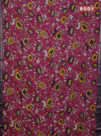 Kalamkari semi silk saree magenta pink and deep violet with allover prints and mangalgiri border