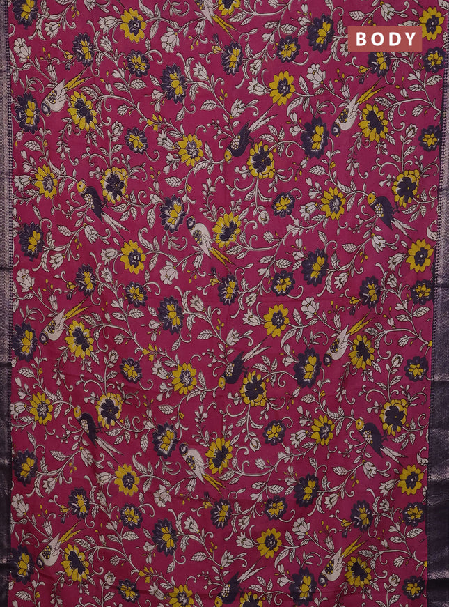 Kalamkari semi silk saree magenta pink and deep violet with allover prints and mangalgiri border