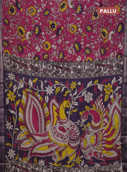 Kalamkari semi silk saree magenta pink and deep violet with allover prints and mangalgiri border