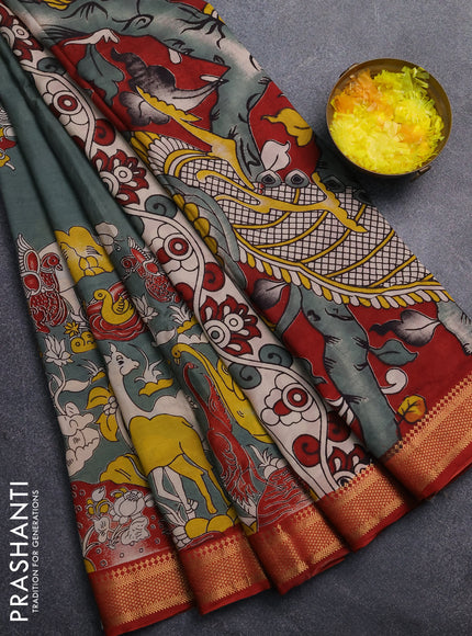 Kalamkari semi silk saree pastel green and maroon with allover prints and mangalgiri border
