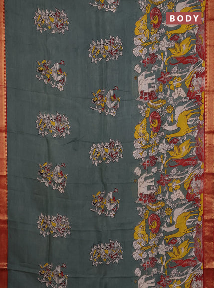 Kalamkari semi silk saree pastel green and maroon with allover prints and mangalgiri border