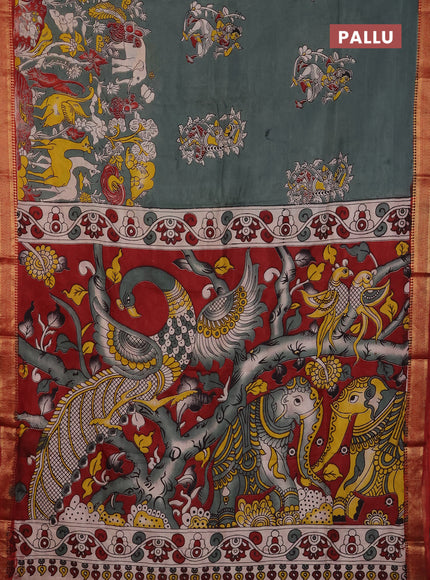 Kalamkari semi silk saree pastel green and maroon with allover prints and mangalgiri border