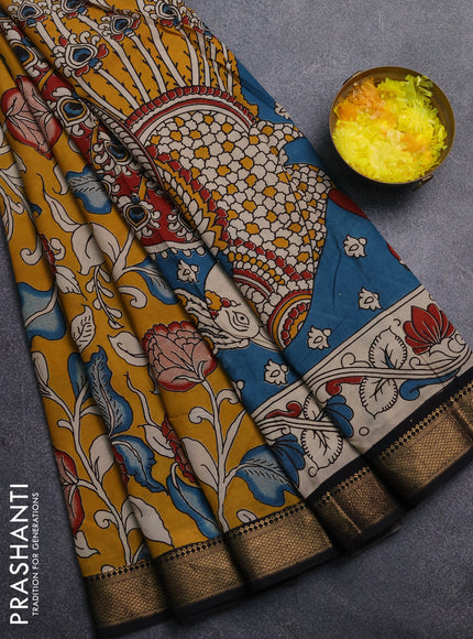 Kalamkari semi silk saree mustard yellow and black with allover prints and mangalgiri border
