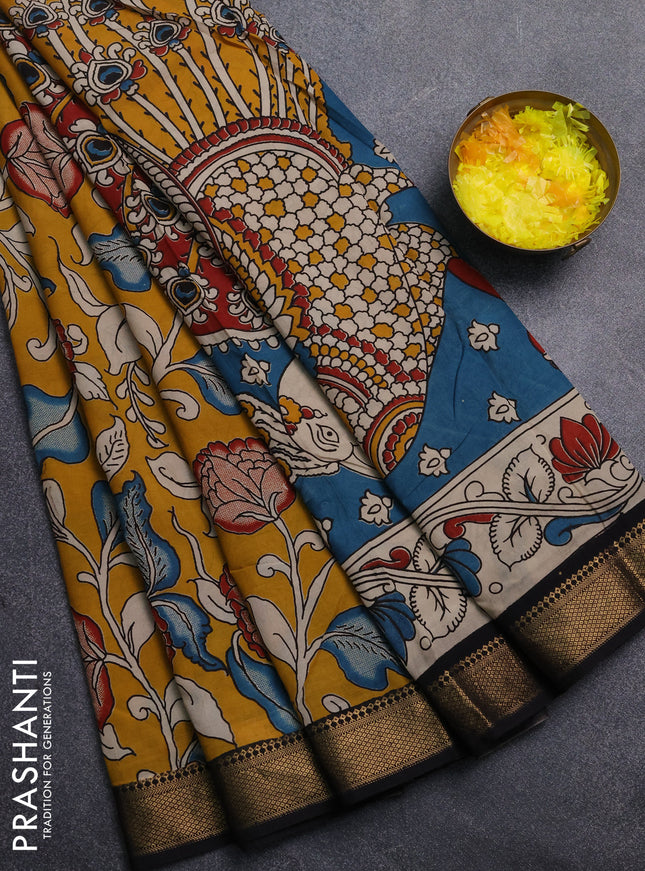 Kalamkari semi silk saree mustard yellow and black with allover prints and mangalgiri border