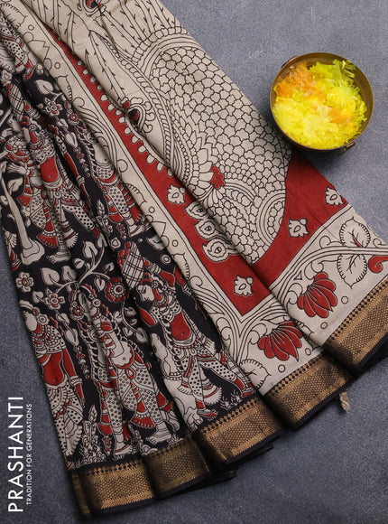 Kalamkari semi silk saree black with allover prints and mangalgiri border