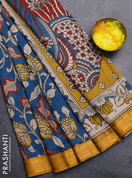 Kalamkari semi silk saree peacock blue and mustard yellow with allover prints and mangalgiri border