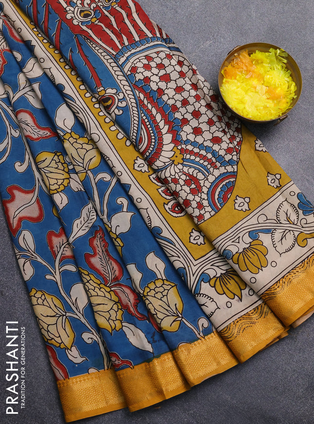 Kalamkari semi silk saree peacock blue and mustard yellow with allover prints and mangalgiri border