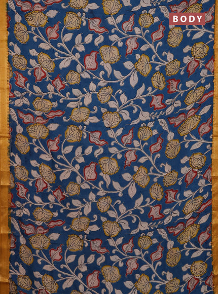 Kalamkari semi silk saree peacock blue and mustard yellow with allover prints and mangalgiri border
