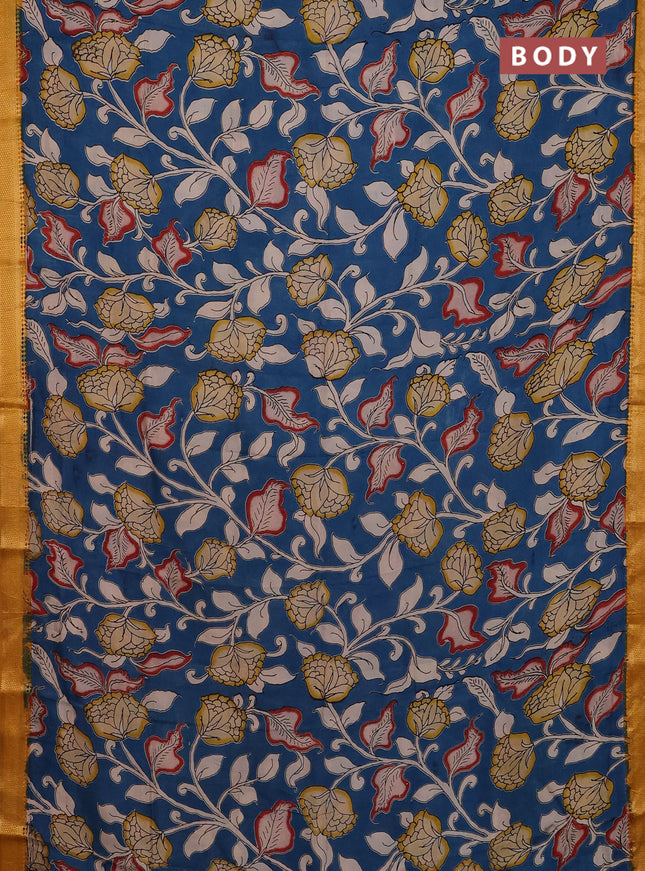 Kalamkari semi silk saree peacock blue and mustard yellow with allover prints and mangalgiri border