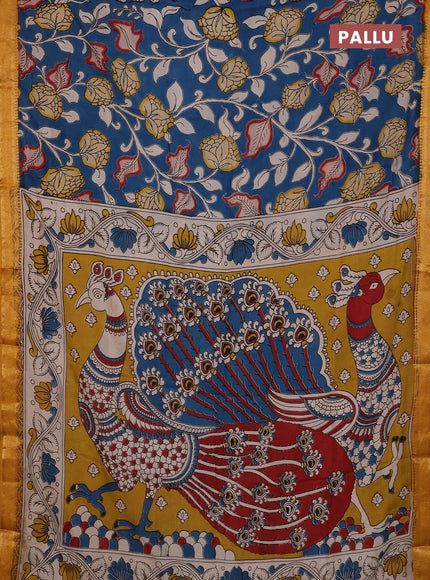 Kalamkari semi silk saree peacock blue and mustard yellow with allover prints and mangalgiri border