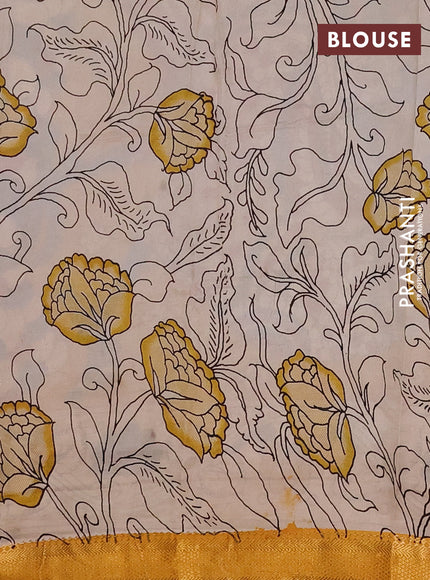 Kalamkari semi silk saree peacock blue and mustard yellow with allover prints and mangalgiri border