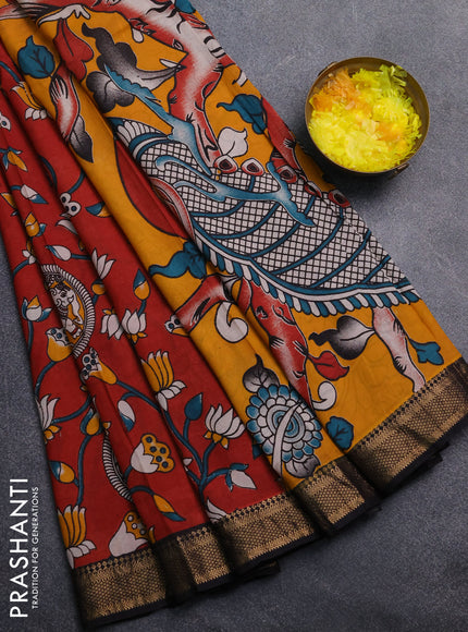 Kalamkari semi silk saree maroon and black with allover prints and mangalgiri border