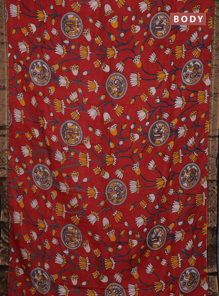 Kalamkari semi silk saree maroon and black with allover prints and mangalgiri border