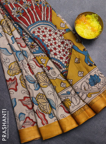 Kalamkari semi silk saree beige and mustard yellow with allover prints and mangalgiri border