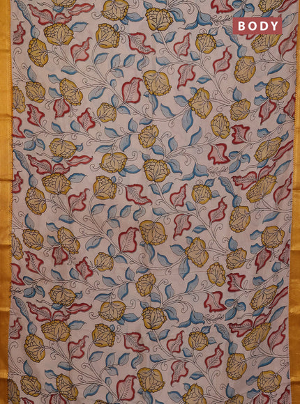Kalamkari semi silk saree beige and mustard yellow with allover prints and mangalgiri border