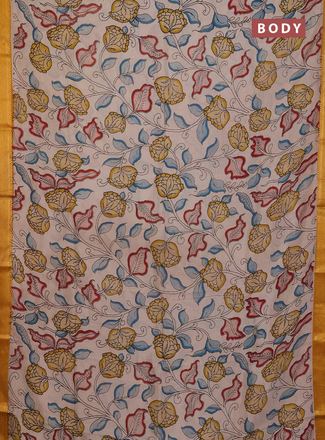 Kalamkari semi silk saree beige and mustard yellow with allover prints and mangalgiri border