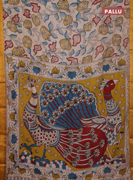Kalamkari semi silk saree beige and mustard yellow with allover prints and mangalgiri border
