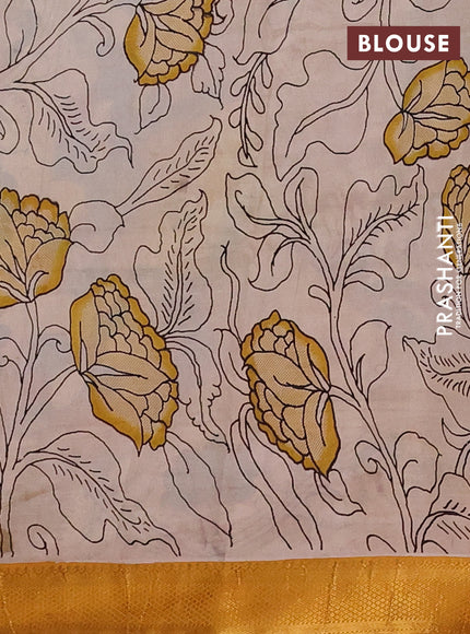 Kalamkari semi silk saree beige and mustard yellow with allover prints and mangalgiri border
