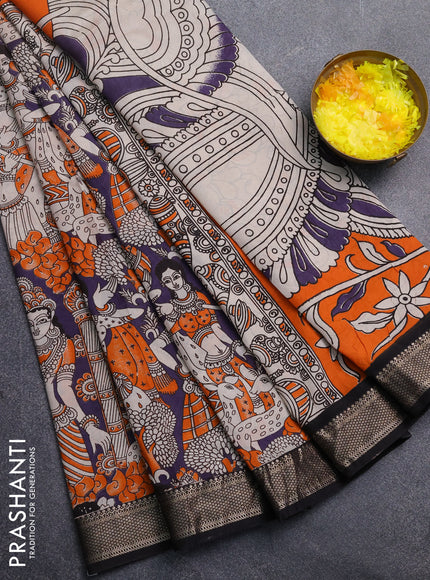 Kalamkari semi silk saree deep violet and black with allover prints and mangalgiri border