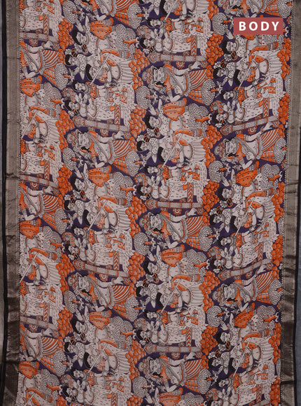 Kalamkari semi silk saree deep violet and black with allover prints and mangalgiri border