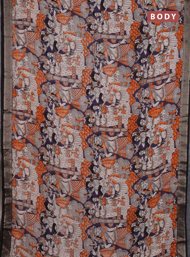 Kalamkari semi silk saree deep violet and black with allover prints and mangalgiri border