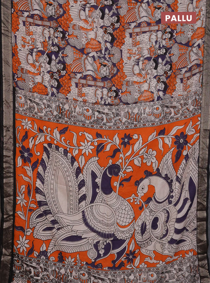Kalamkari semi silk saree deep violet and black with allover prints and mangalgiri border