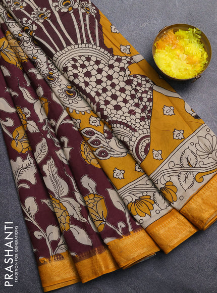 Kalamkari semi silk saree wine shade and mustard yellow with allover prints and mangalgiri border