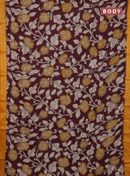 Kalamkari semi silk saree wine shade and mustard yellow with allover prints and mangalgiri border