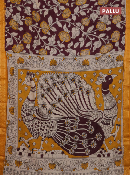 Kalamkari semi silk saree wine shade and mustard yellow with allover prints and mangalgiri border
