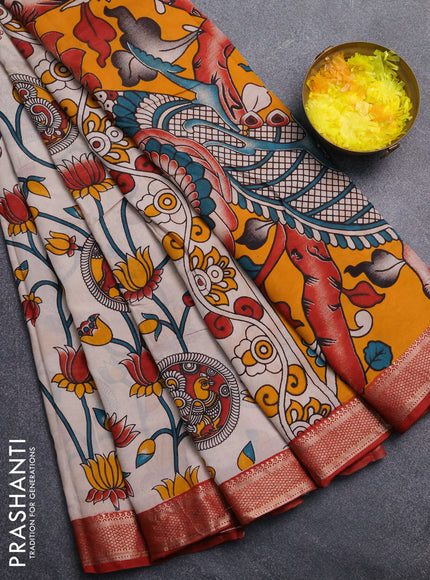 Kalamkari semi silk saree beige and maroon with allover prints and mangalgiri border