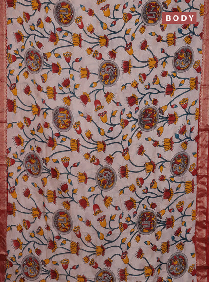 Kalamkari semi silk saree beige and maroon with allover prints and mangalgiri border