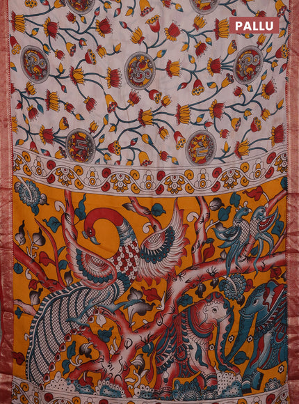 Kalamkari semi silk saree beige and maroon with allover prints and mangalgiri border