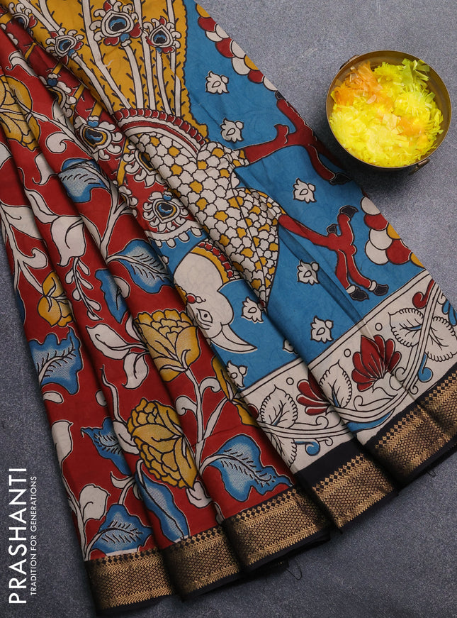 Kalamkari semi silk saree maroon and black with allover prints and mangalgiri border