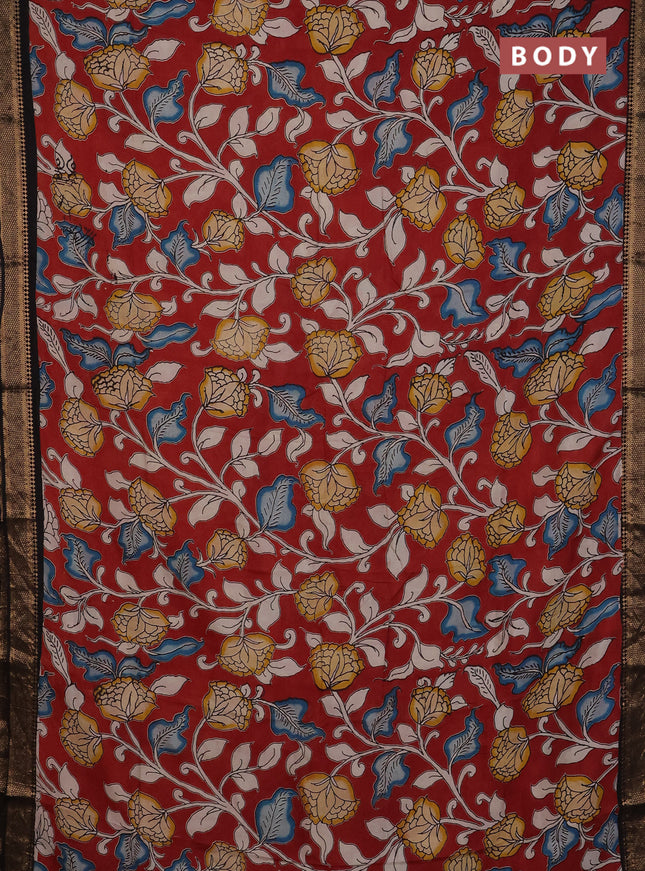 Kalamkari semi silk saree maroon and black with allover prints and mangalgiri border