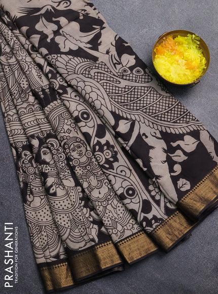 Kalamkari semi silk saree beige and black with allover prints and mangalgiri border