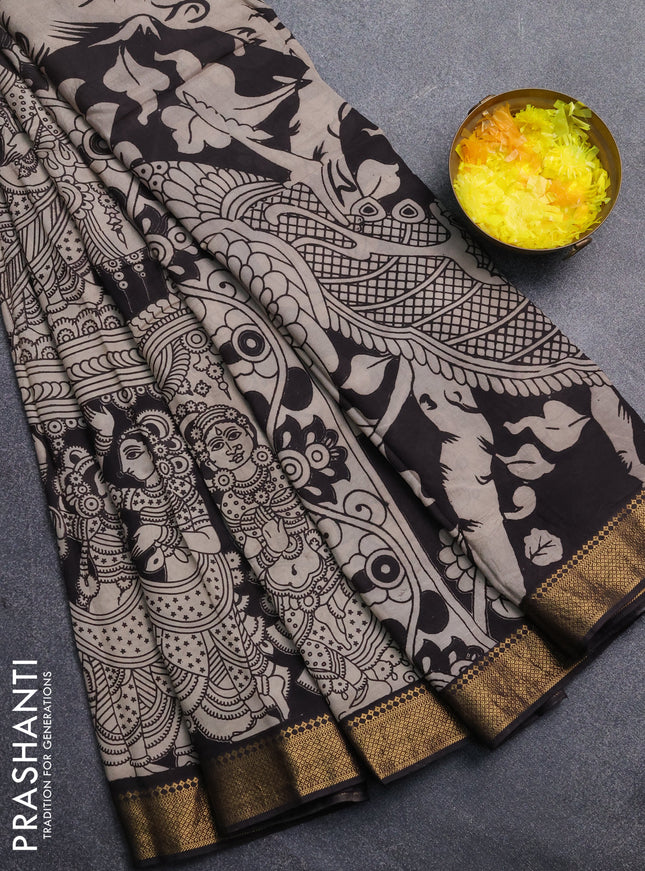 Kalamkari semi silk saree beige and black with allover prints and mangalgiri border
