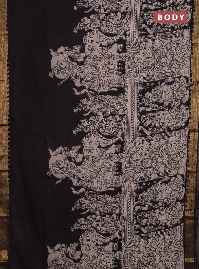 Kalamkari semi silk saree beige and black with allover prints and mangalgiri border
