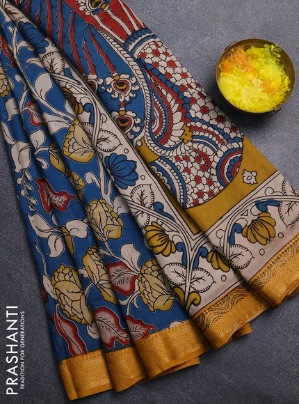 Kalamkari semi silk saree peacock blue and mustard yellow with allover prints and mangalgiri border