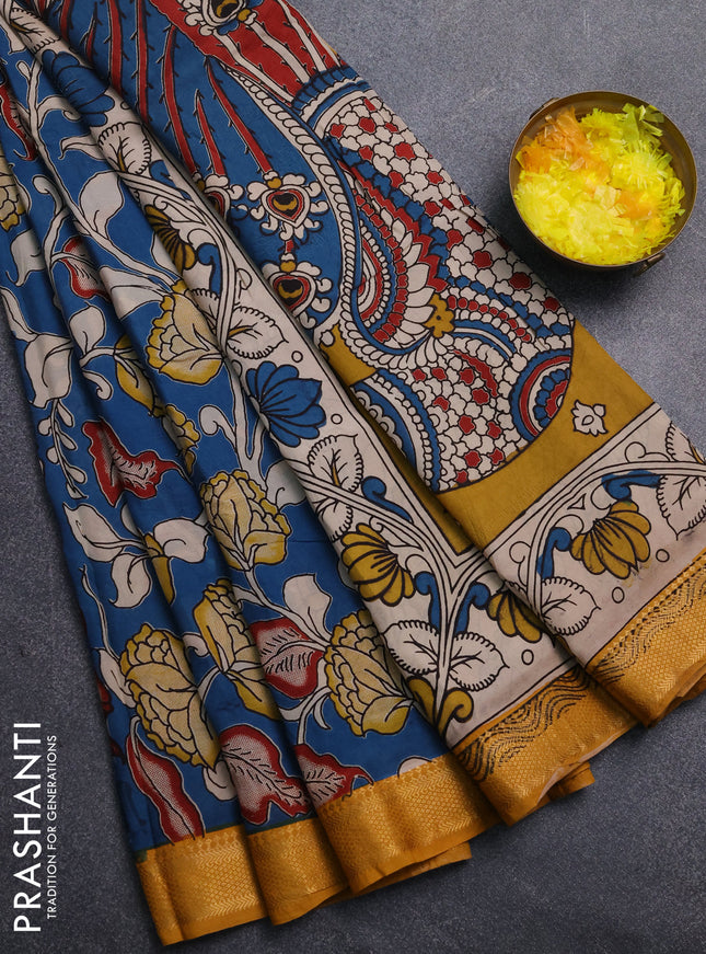 Kalamkari semi silk saree peacock blue and mustard yellow with allover prints and mangalgiri border