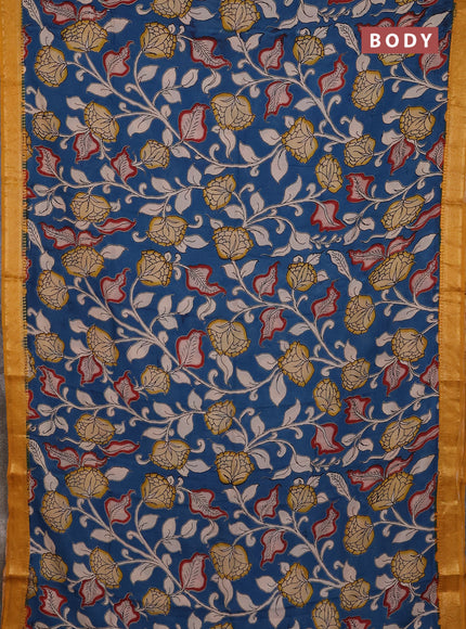 Kalamkari semi silk saree peacock blue and mustard yellow with allover prints and mangalgiri border