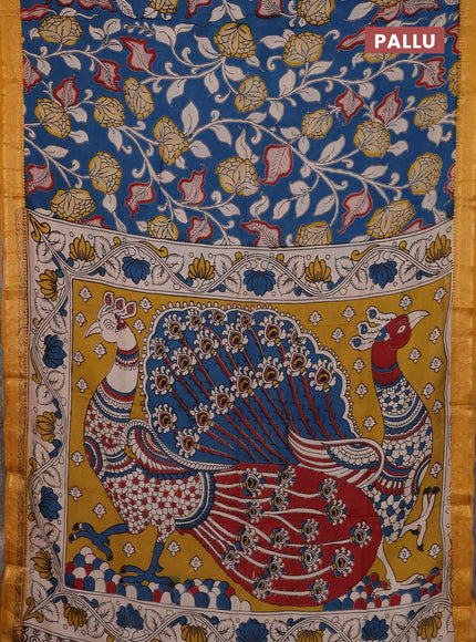 Kalamkari semi silk saree peacock blue and mustard yellow with allover prints and mangalgiri border