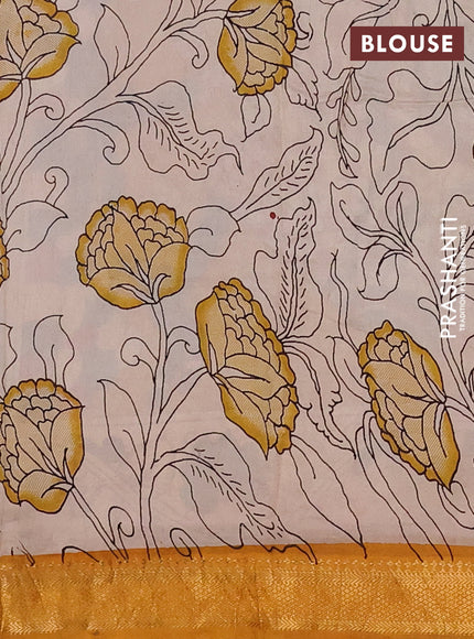 Kalamkari semi silk saree peacock blue and mustard yellow with allover prints and mangalgiri border