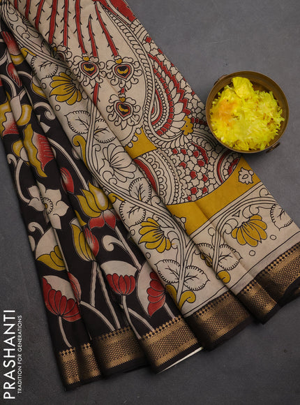 Kalamkari semi silk saree black with allover prints and mangalgiri border