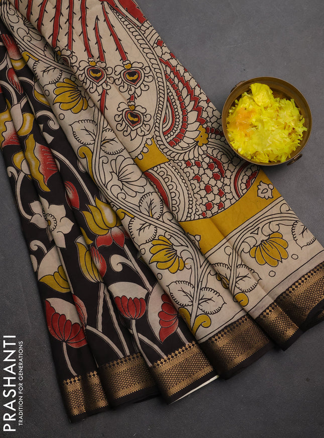 Kalamkari semi silk saree black with allover prints and mangalgiri border