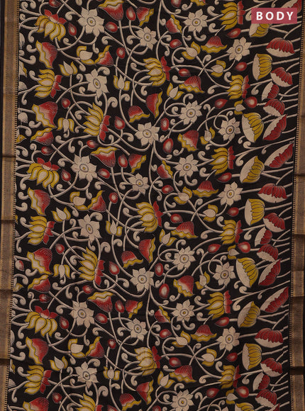 Kalamkari semi silk saree black with allover prints and mangalgiri border