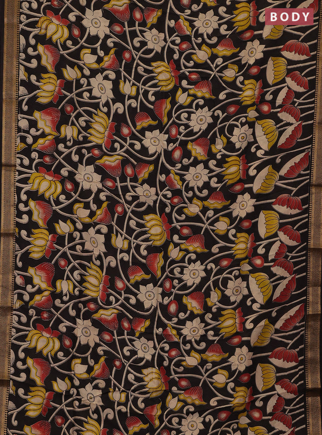 Kalamkari semi silk saree black with allover prints and mangalgiri border