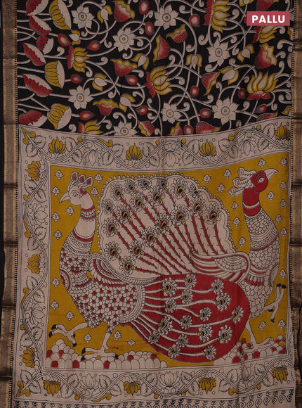 Kalamkari semi silk saree black with allover prints and mangalgiri border